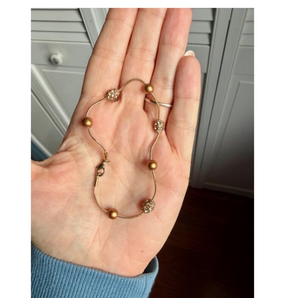 3/$15! Elegant Gold Tone Bracelet with Golden Faux Pearl and Rhinestone Beads